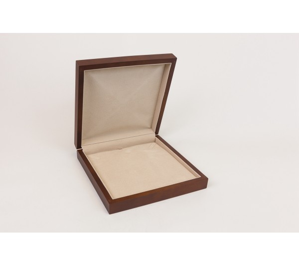 Brown hardwood with Tan Suede interior, Necklace Box 7 5/8" x 7 5/8" x 1 3/4" H